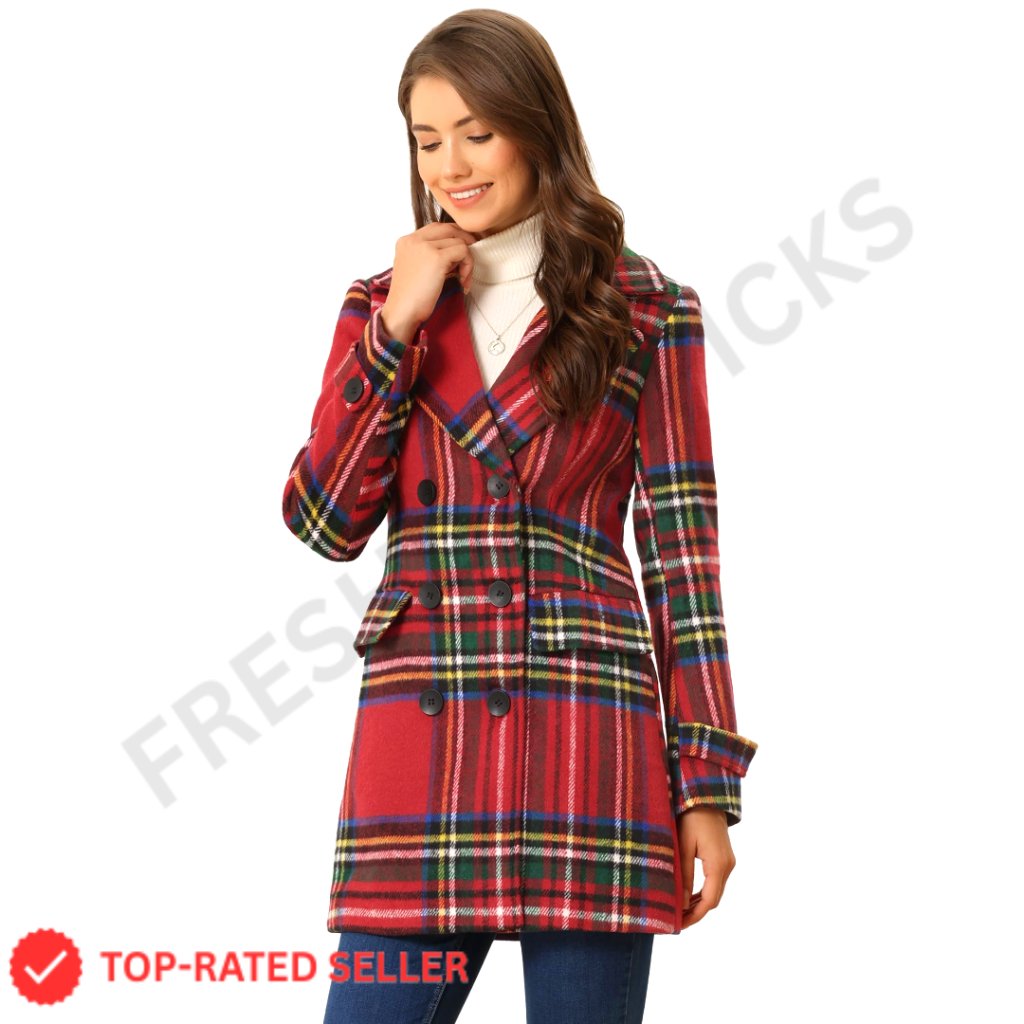 Winter Pea Coat Double Breasted Plaid Notched Lapel Wool Blend